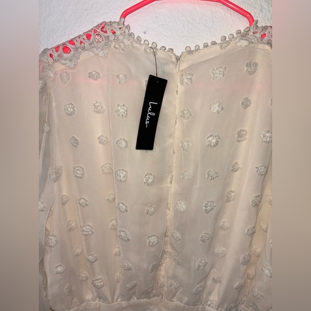 NEW Lulus Cream Embroidered Lace Boho Scandi Girl Chic XL Chiffon Dress lined - Picture 9 of 14